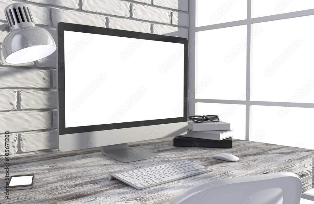 Fototapeta premium 3D illustration PC screen on table in office, Workspace