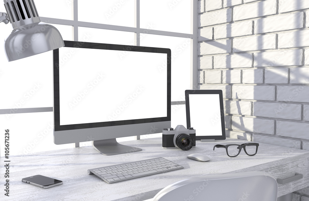 3D illustration PC screen on table in office, Workspace 3D illustration PC screen on table in office, Workspace