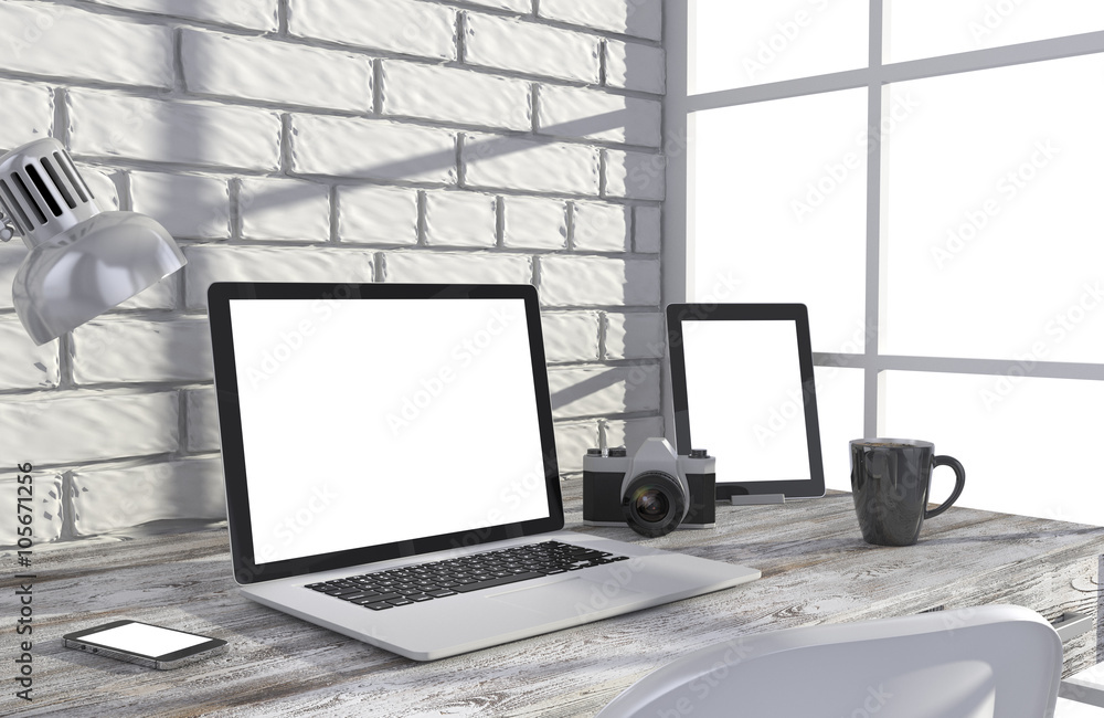Fototapeta premium 3D illustration laptop and work stuff on table near brick wall, Workspace