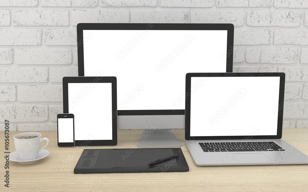 Fototapeta premium Responsive mockup screen. Monitor, laptop, tablet, phone on table in office.