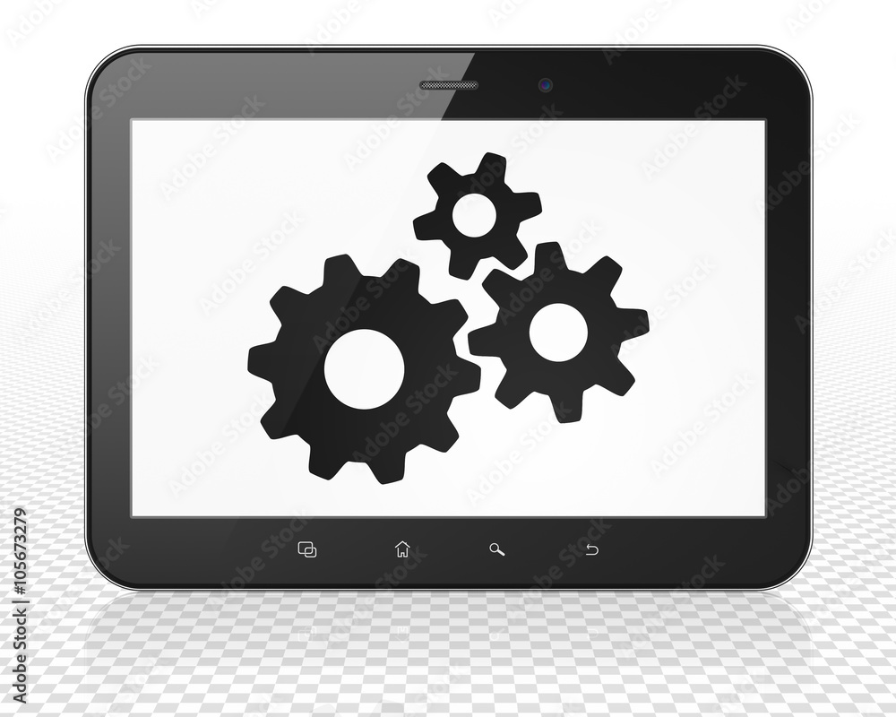 Advertising concept: Tablet Pc Computer with Gears on display Advertising concept: Tablet Pc Computer with Gears on display