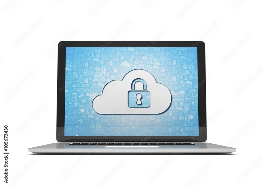 3d rendering of a laptop with cloud security concept 3d rendering of a laptop with cloud security concept