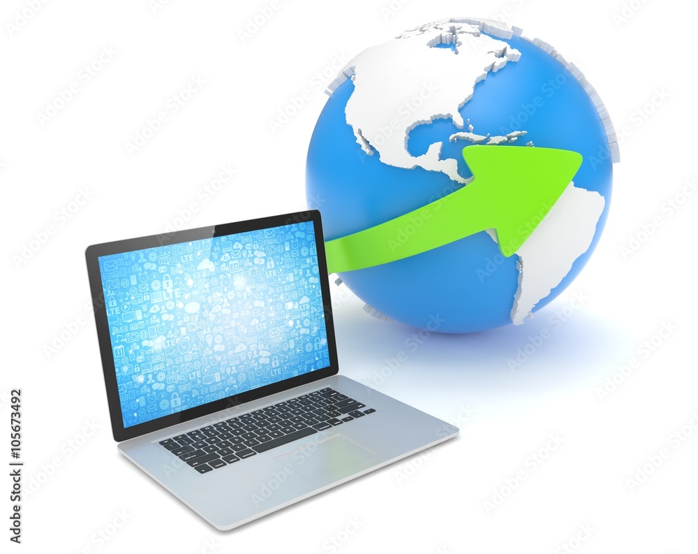 Laptop network and earth globe. 3d render Laptop network and earth globe. 3d render