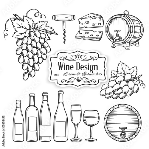 vector hand draw wine icons set on white