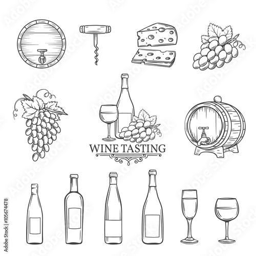 vector hand draw wine icons set on white
