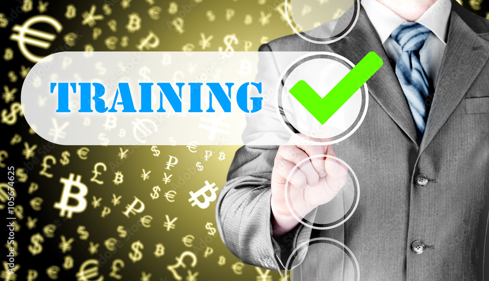 Businessman pressing touch screen interface training checkbox Businessman pressing touch screen interface training checkbox