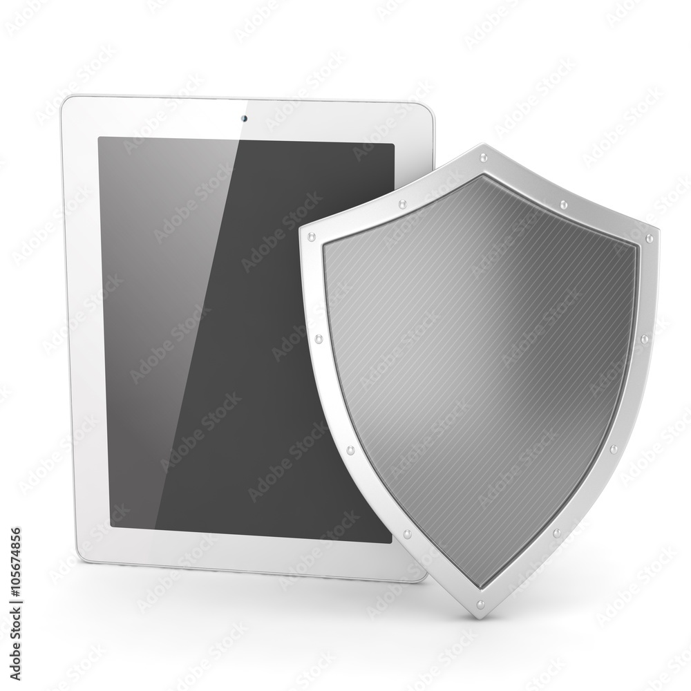 Tablet PC and shield on white device security concept Tablet PC and shield on white device security concept