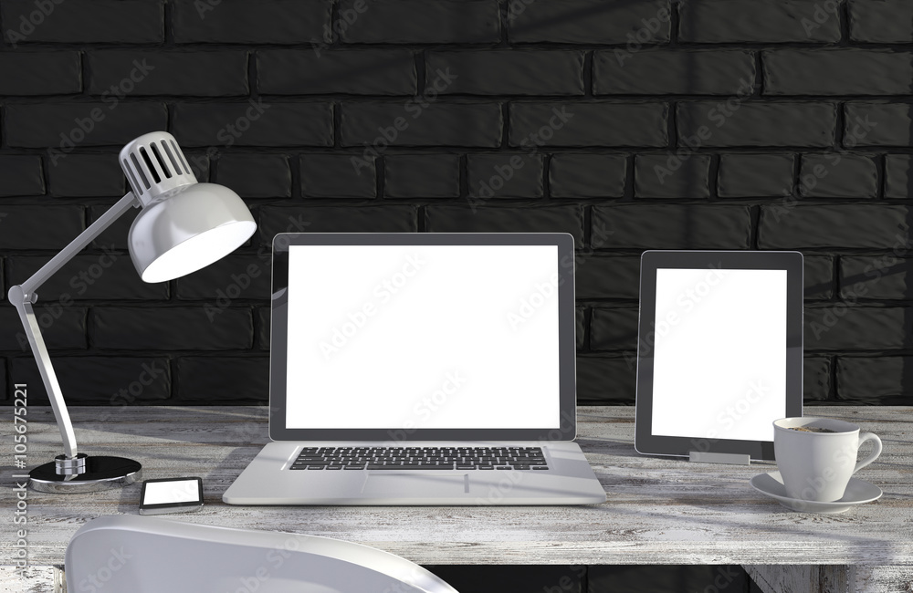 Fototapeta premium 3D illustration laptop and work stuff on table near brick wall, Workspace