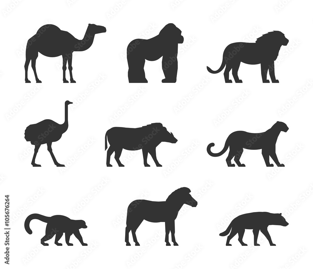 Vector black set of silhouettes african animals. Figure dromedary, gorilla and lion. Icon ostrich, warthog and leopard. Silhouette zebra, lemur and hyena. Figure african animals isolated.
