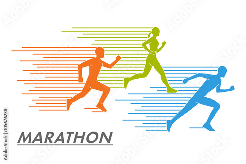 Modern vector symbol for the marathon. Multicolored set of silhouettes of runners. Vector figure runners. Stylish logo for run on white background.