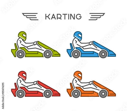 Modern outline go kart symbol. Vector figures art racer. Multicolored linear karting logo. Vector line kart. Vector karting icons.