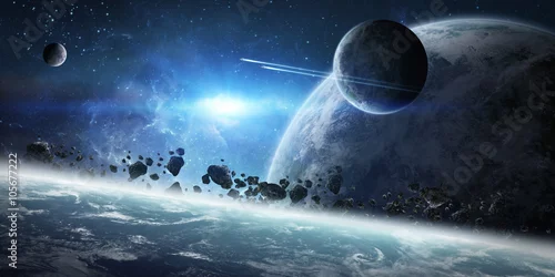 Obraz Wschód słońca nad grupą planet w kosmosie