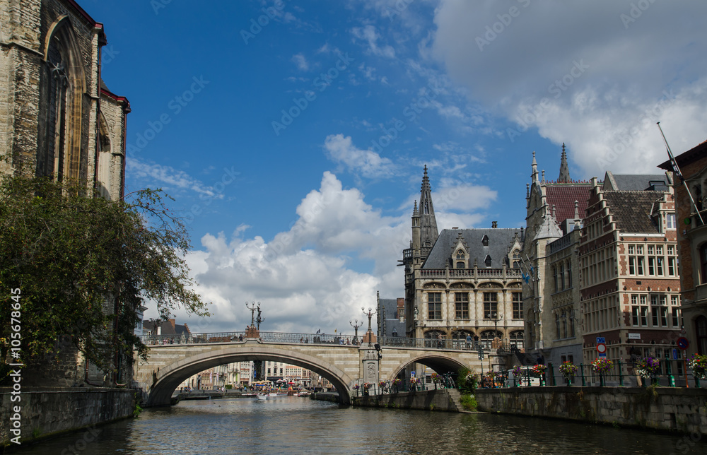 View on St Michael's brige from water. Gent, Belgium
