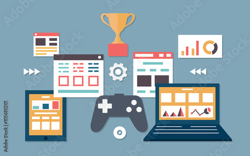 Vector flat illustration of gamification in business. Management and analytics
