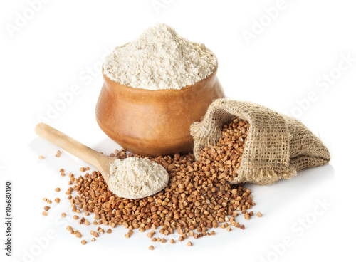 Photos buckwheat flour in bowl and a bag