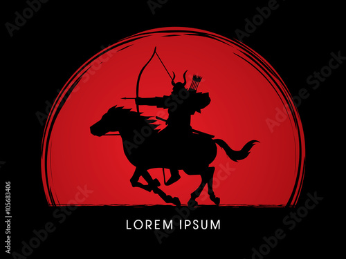 Samurai Warrior with bow, Riding horse, designed on sunrise background graphic vector.
