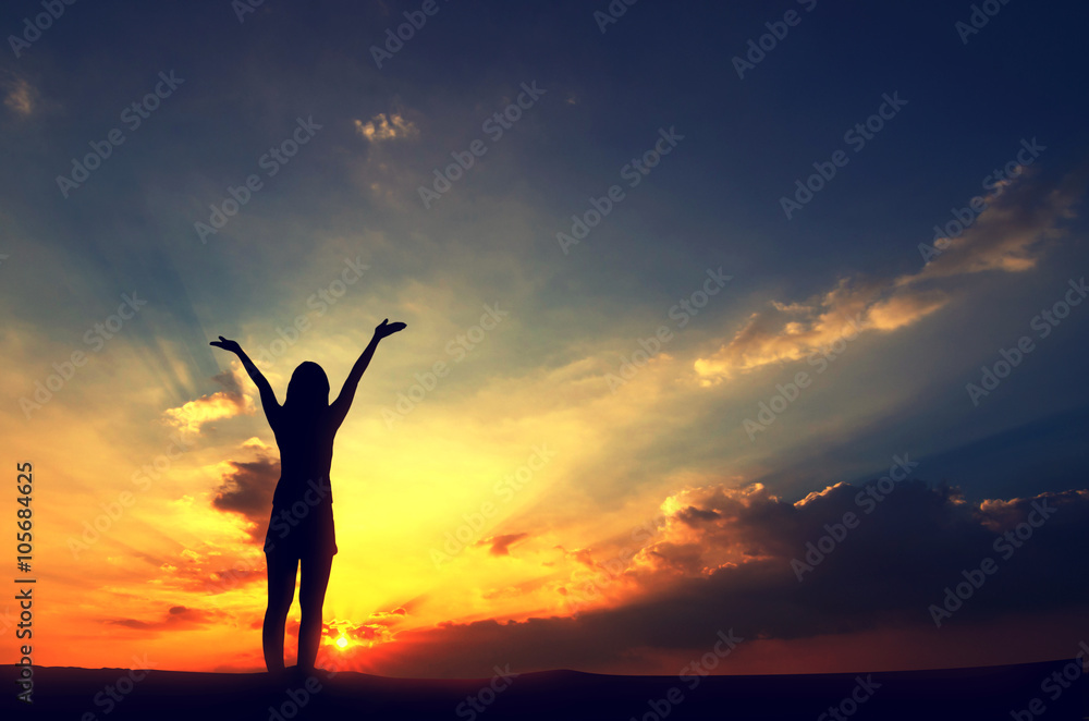Silhouette, Free Happy Woman Relaxing Nature sky and sunset. Outdoor. Freedom concept.