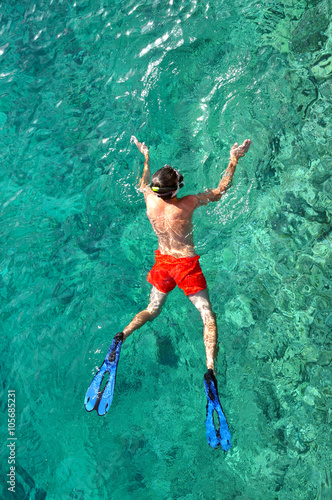 Above view of a snorkeling man