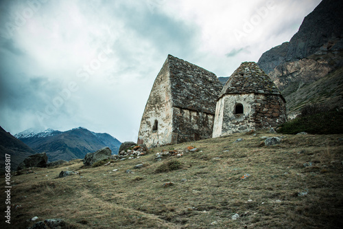 Destroyed ancient tombs. Ancient shrines in the Caucasus mountains