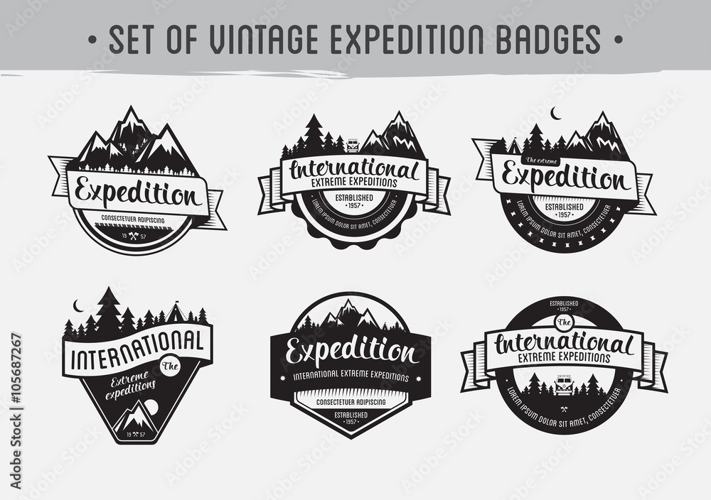 Fototapeta premium Set of mountain adventure and travel emblems. Exploration vector badges.
