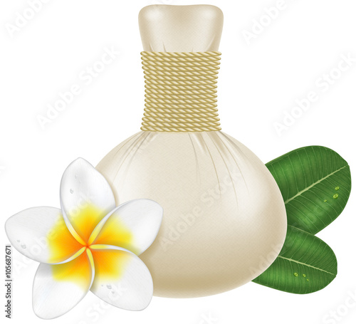 Herbal ball compress with a frangipani flower and leaves, vector illustration.