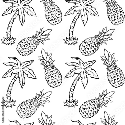 Seamless pattern with palm trees, pineapples