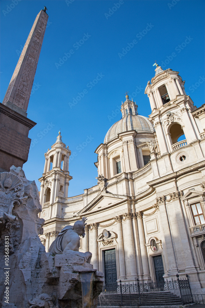 Rome - Piazza Navona in morning and Fontana dei Fiumi by Bernini and Santa Agnese in Agone