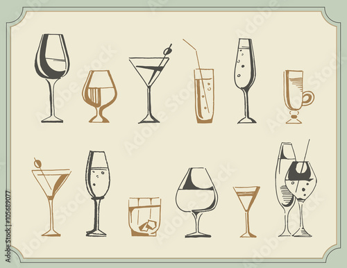 Hand drawn sketch set of alcohol drinks and cocktails. Vector illustration