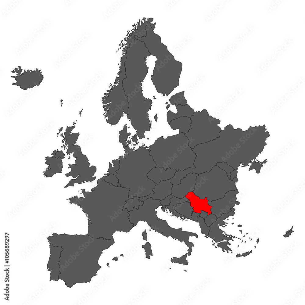 Serbia red map on gray Europe map vector