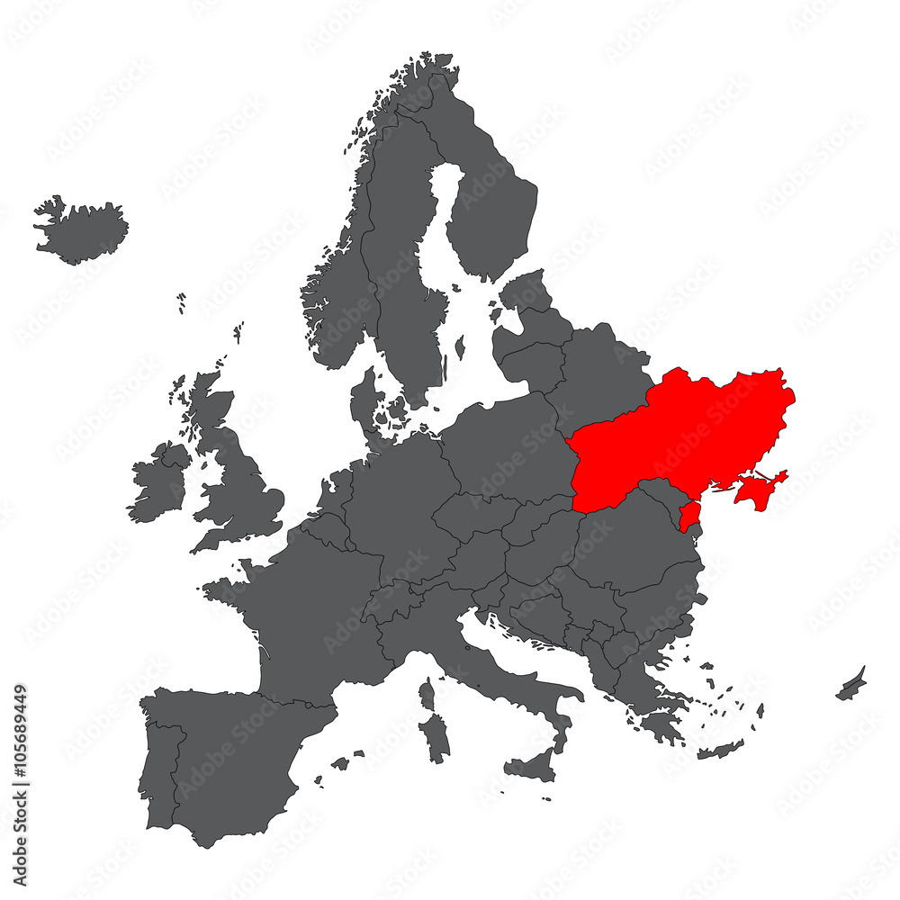 Ukraine red map on gray Europe map vector