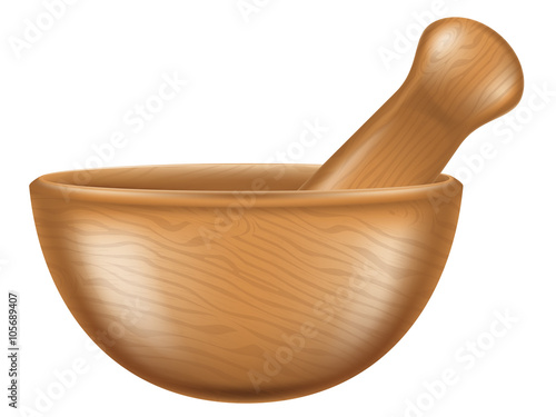 Wooden mortar and pestle, vector illustration.