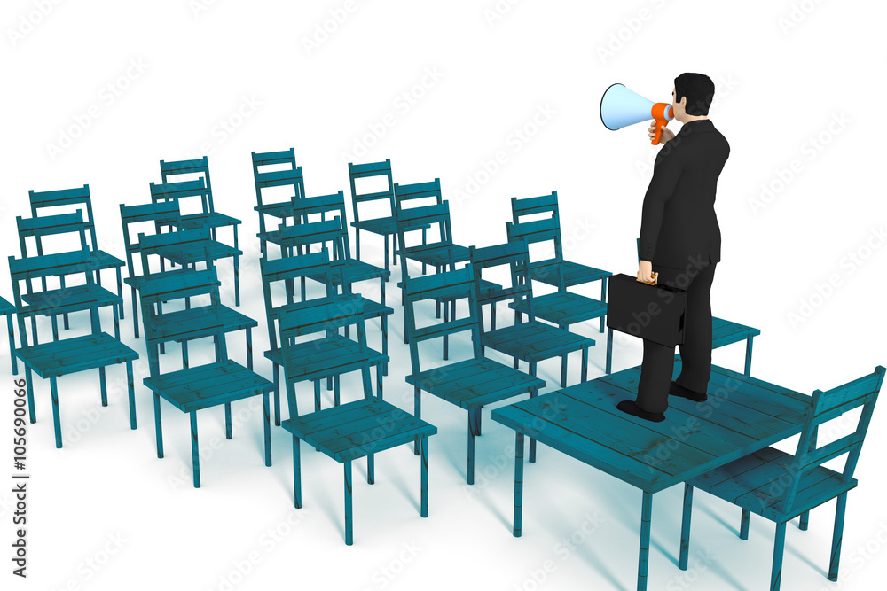 Businessman with megaphone speaking to empty chairs Businessman with megaphone speaking to empty chairs