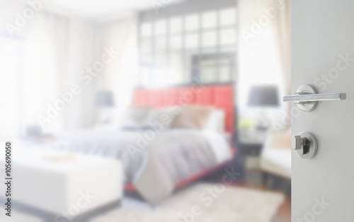 opened white door to blurred background bedroom in classic style interior