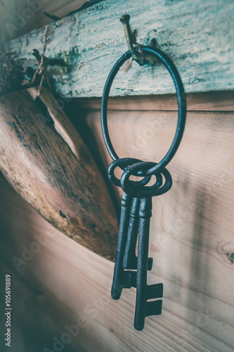 forgotten keys on an old nail clogged at the wall