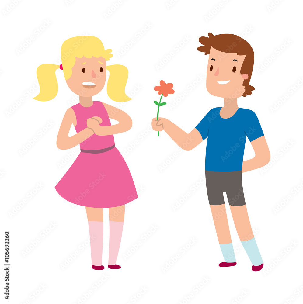 Cartoon romantic boy and girl giving a flower for love Cartoon romantic boy and girl giving a flower for love