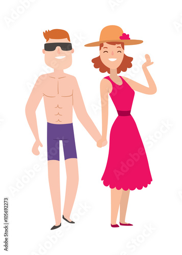 Couple beach man and woman cartoon illustration. 