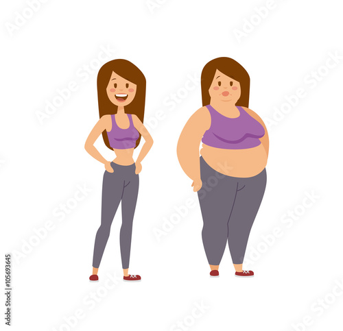 Cartoon character of fat woman and thin girl, people dieting fitness. 
