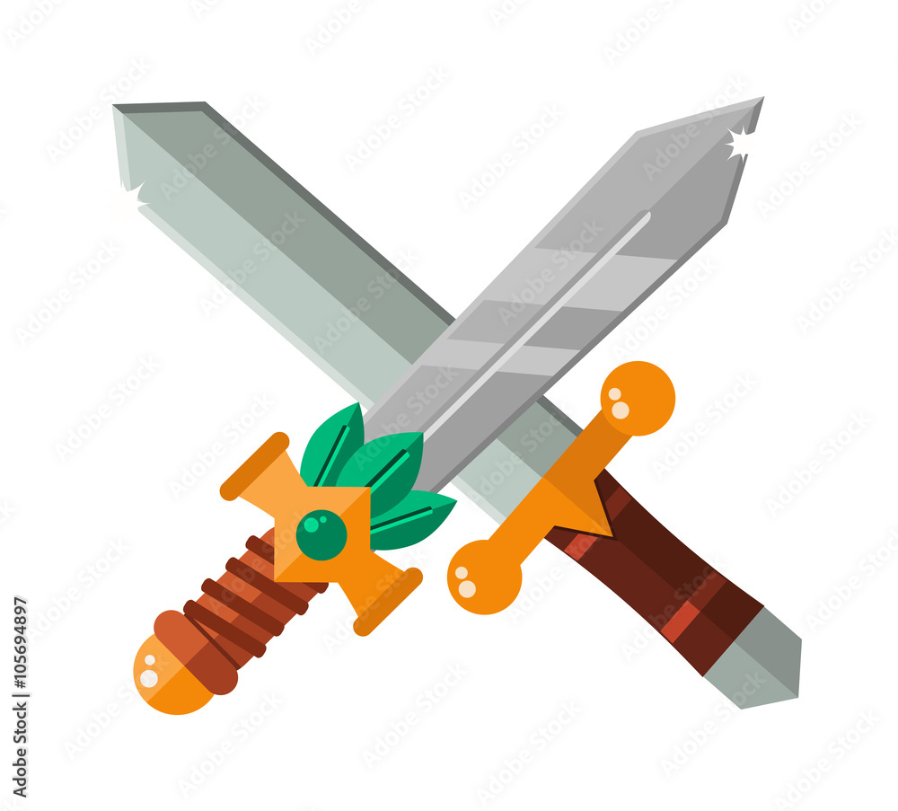 Two crossed Asia swords with gold handles traditional samurai weapon cartoon flat vector illustration. Two crossed Asia swords with gold handles traditional samurai weapon cartoon flat vector illustration.