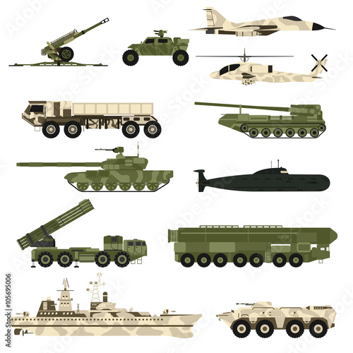 Military technic icon set and armor tanks flat vector illustration. 