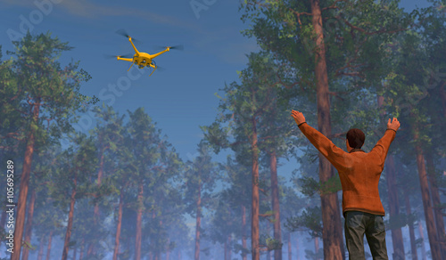 Male figure in a forest setting waving to a UAV drone. Fictitious UAV is a unique design. Depicting the use of drones in search and rescue operations; lens flare, depth-of-field, motion blur.