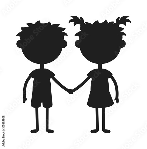 Twins happy kids holding hands black silhouette boy and girl vector illustration. 