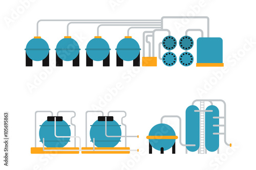 Oil gas storing in cargo service terminal flat vector illustration. 