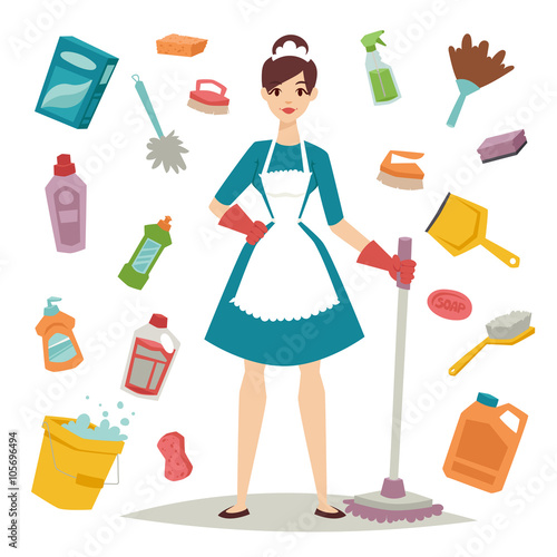 Housewife girl and home cleaning equipment icon in flat style vector illustration.