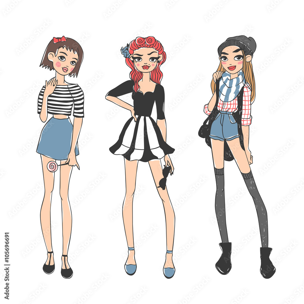 Fashion girls pure beauty colored cartoon sketch flat vector illustration. Fashion girls pure beauty colored cartoon sketch flat vector illustration.