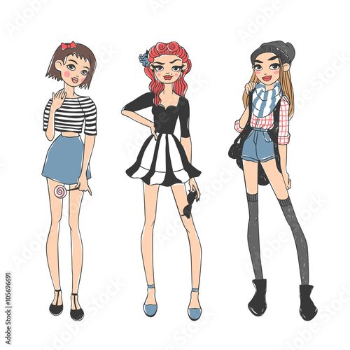 Fashion girls pure beauty colored cartoon sketch flat vector illustration. 