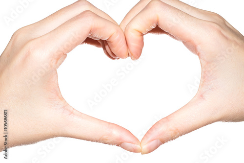 Female hands in the form of heart isolated on white background