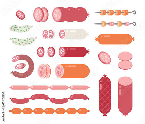 Salami and sausage vector isolated on white background.