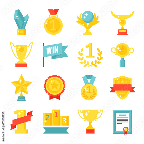 Trophy and awards icons set flat vector illustration. 