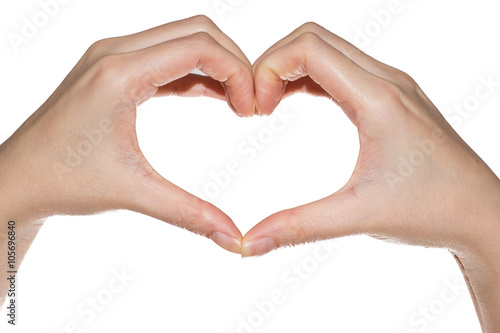 Female hands in the form of heart isolated on white background