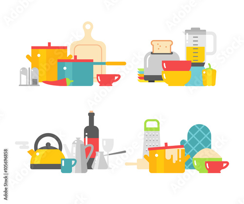 Home kitchenware devices in color vector flat illustration. 